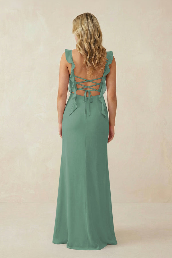 Sea Glass Ruffled Sleeve Ruched Sheath Chiffon Bridesmaid Dress (2) | KISSBRIDAL