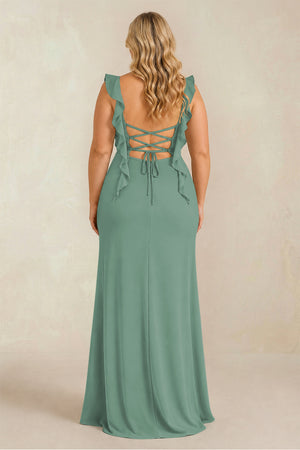 Sea Glass Ruffled Sleeve Ruched Sheath Chiffon Bridesmaid Dress (2) [sizeplus] | KISSBRIDAL