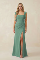 Sea Glass Ruffled Sleeve Ruched Sheath Chiffon Bridesmaid Dress | KISSBRIDAL