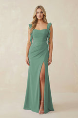 Sea Glass Ruffled Sleeve Ruched Sheath Chiffon Bridesmaid Dress | KISSBRIDAL