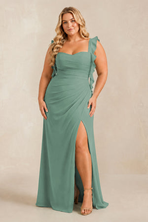 Sea Glass Ruffled Sleeve Ruched Sheath Chiffon Bridesmaid Dress [sizeplus] | KISSBRIDAL