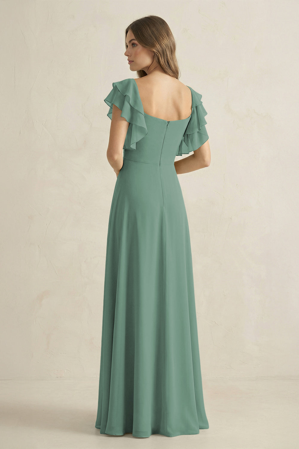 Ruffled Sleeves A-Line Chiffon Bridesmaid Dress in Sea Glass