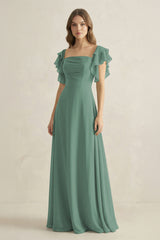 Sea Glass Ruffled Sleeves A-Line Chiffon Bridesmaid Dress | KISSBRIDAL