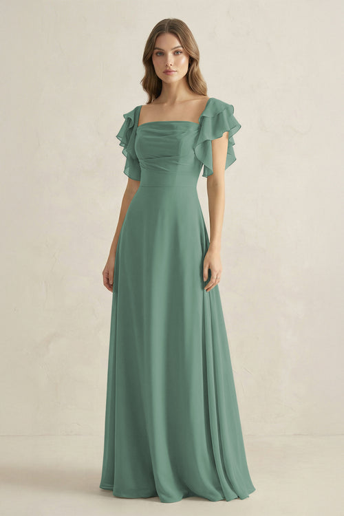 Sea Glass Ruffled Sleeves A-Line Chiffon Bridesmaid Dress | KISSBRIDAL
