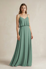 Sea Glass Ruffled Spaghetti Strap A-Line Chiffon Bridesmaid Dress in Sea Glass | KISSBRIDAL