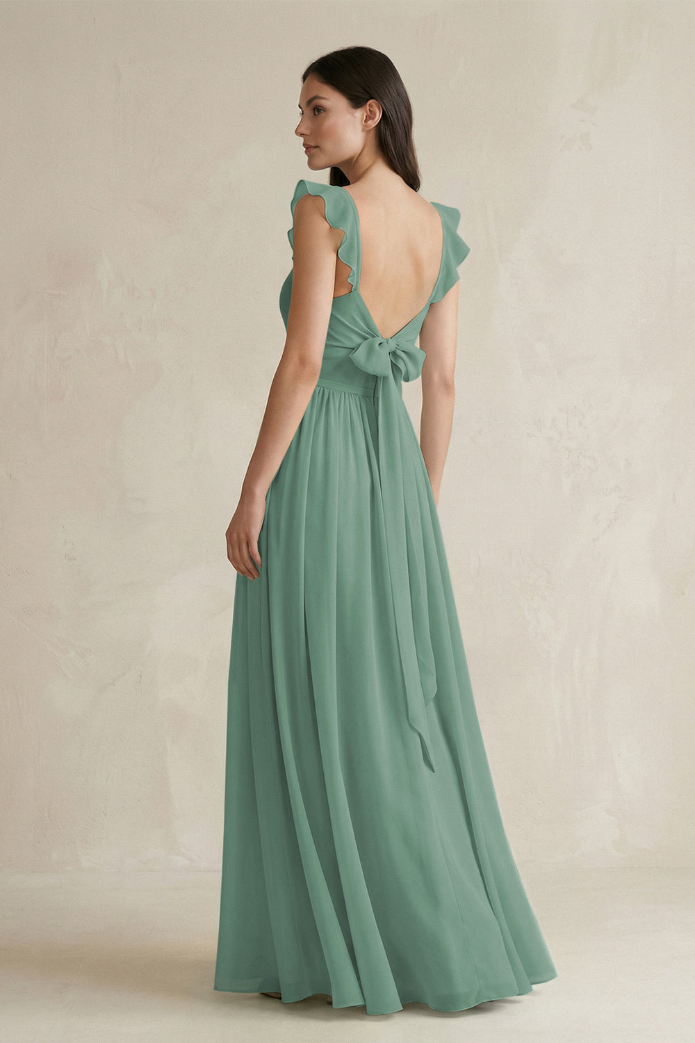 Ruffled Spaghetti Strap Chiffon A-Line Bridesmaid Dress in Sea Glass