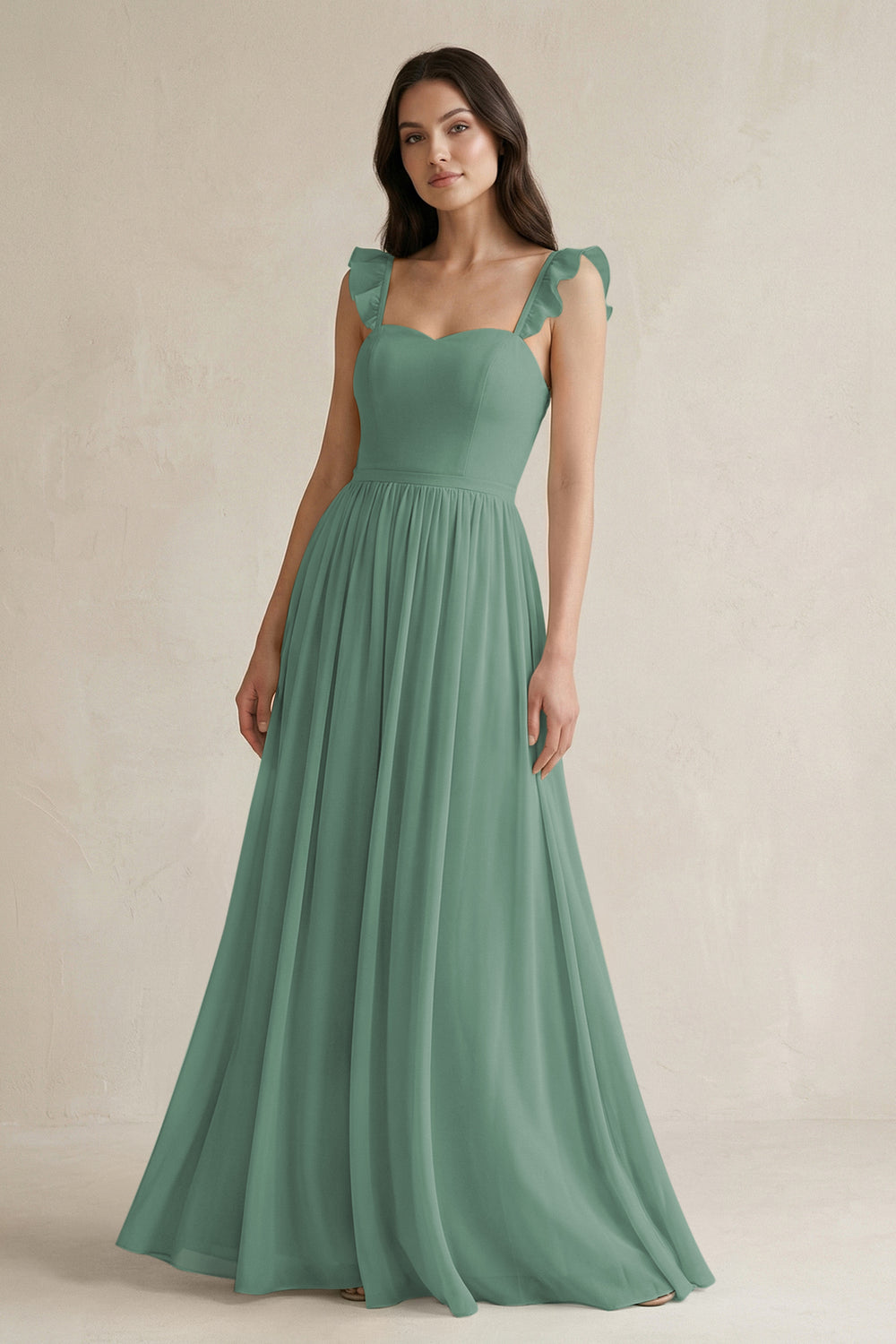 Ruffled Spaghetti Strap Chiffon A-Line Bridesmaid Dress in Sea Glass