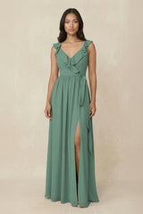 Sea Glass Ruffled V-Neck A-Line Chiffon Bridesmaid Dress | KISSBRIDAL