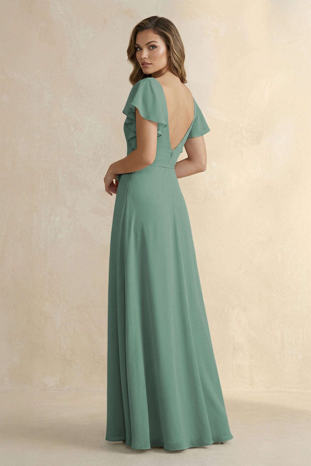 Ruffled V-Neck Chiffon A-Line Bridesmaid Dress in Sea Glass