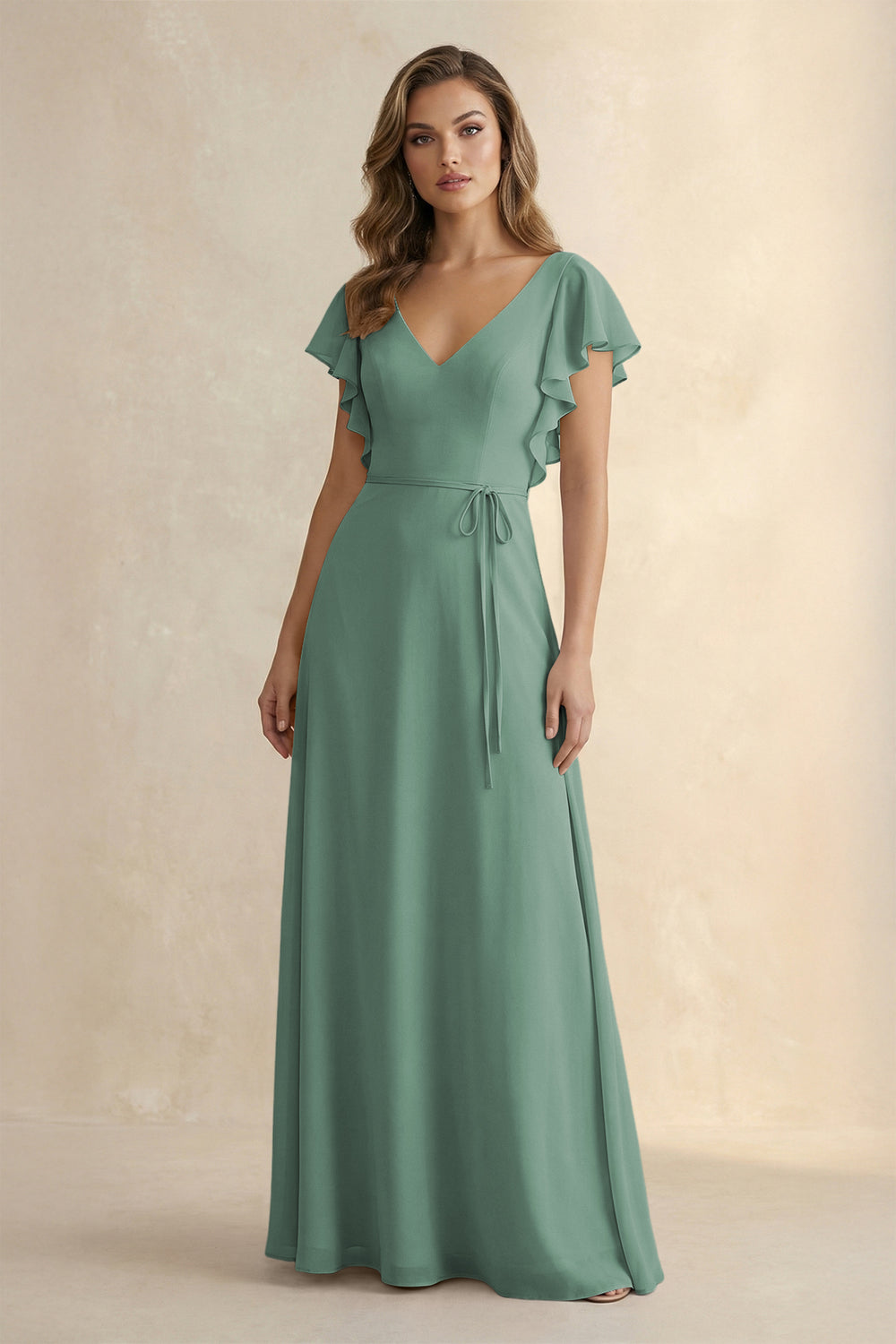 Ruffled V-Neck Chiffon A-Line Bridesmaid Dress in Sea Glass