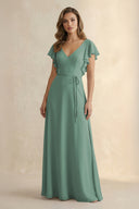 Sea Glass Ruffled V-Neck Chiffon A-Line Bridesmaid Dress | KISSBRIDAL