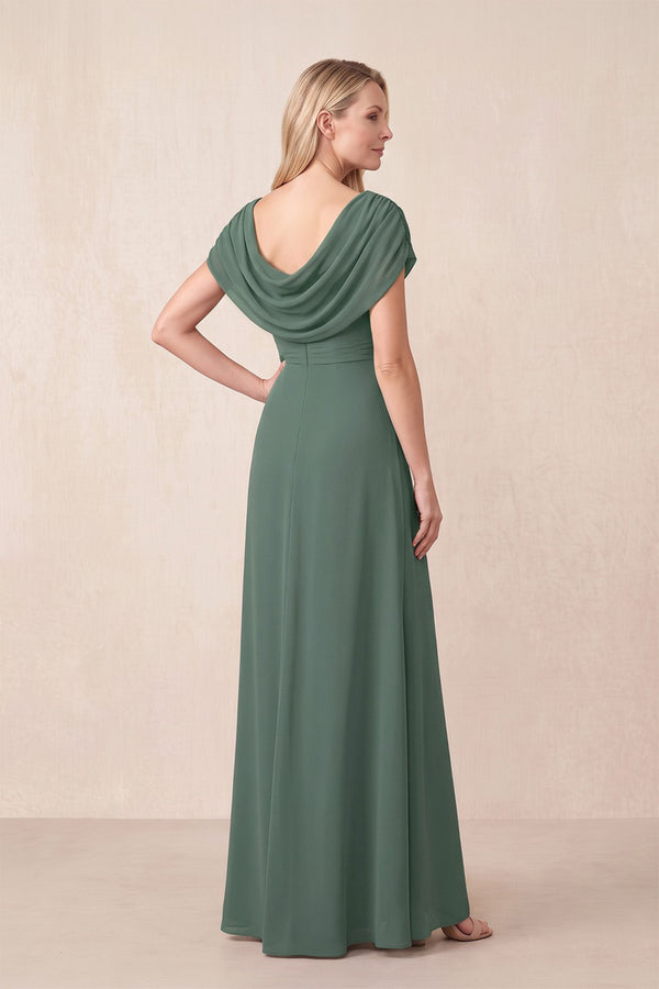 Sea Glass Sheath Boat Neck Chiffon Mother of the Bride Dress With Ruffles (2) | KISSBRIDAL
