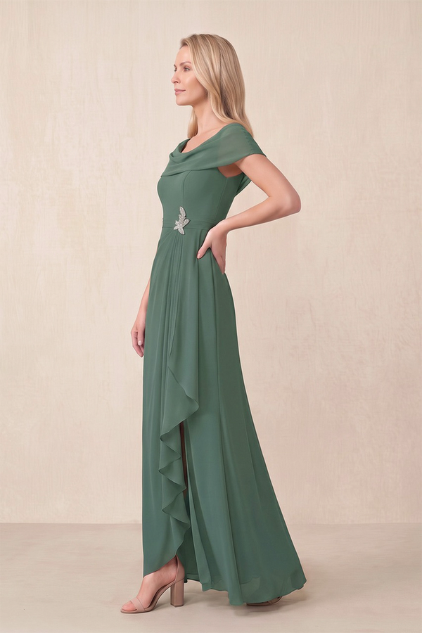 Sea Glass Sheath Boat Neck Chiffon Mother of the Bride Dress With Ruffles (3) | KISSBRIDAL
