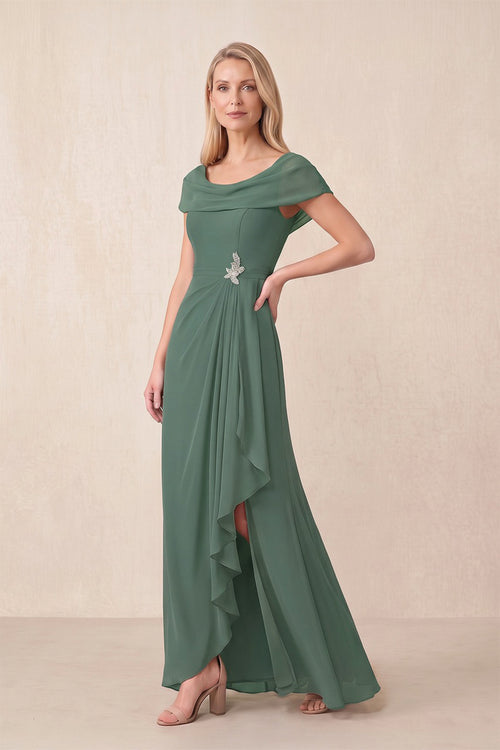 Sea Glass Sheath Boat Neck Chiffon Mother of the Bride Dress With Ruffles | KISSBRIDAL