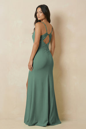 Sea Glass Sheath Cami Strap Chiffon Bridesmaid Dress with Slit (2) | KISSBRIDAL