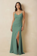 Sea Glass Sheath Cami Strap Chiffon Bridesmaid Dress with Slit | KISSBRIDAL