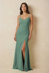 Sea Glass Sheath Cami Strap Chiffon Bridesmaid Dress with Slit | KISSBRIDAL