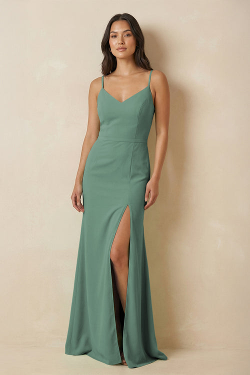 Sea Glass Sheath Cami Strap Chiffon Bridesmaid Dress with Slit | KISSBRIDAL