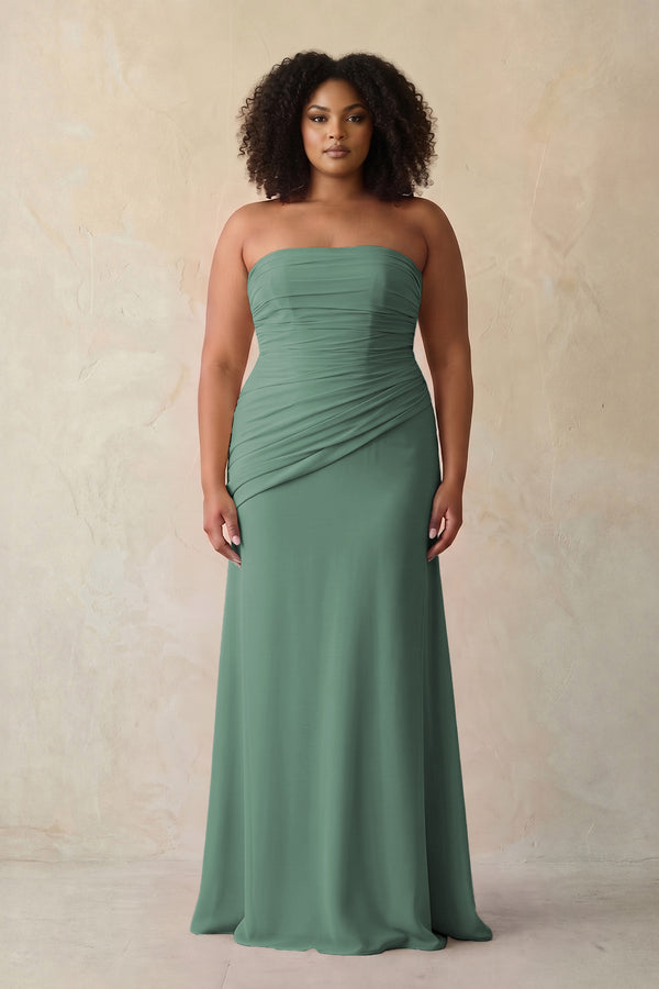 Sea Glass Sheath Chiffon Strapless Pleated Bridesmaid Dress (3) [sizeplus] | KISSBRIDAL