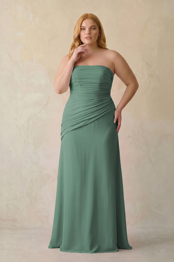 Sea Glass Sheath Chiffon Strapless Pleated Bridesmaid Dress [sizeplus] | KISSBRIDAL