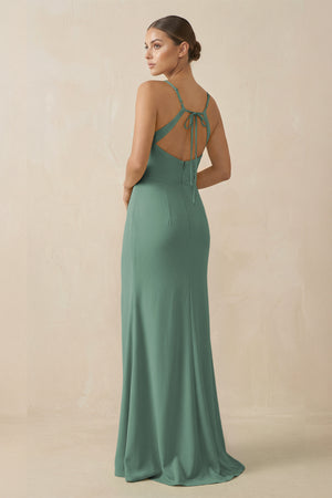 Sea Glass Sheath Spaghetti Straps Chiffon Long Bridesmaid Dress (2) | KISSBRIDAL