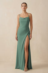 Sea Glass Sheath Spaghetti Straps Chiffon Long Bridesmaid Dress | KISSBRIDAL