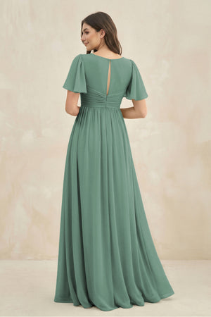 Sea Glass Short Sleeve Chiffon V-Neck A-Line Bridesmaid Dress (2) | KISSBRIDAL