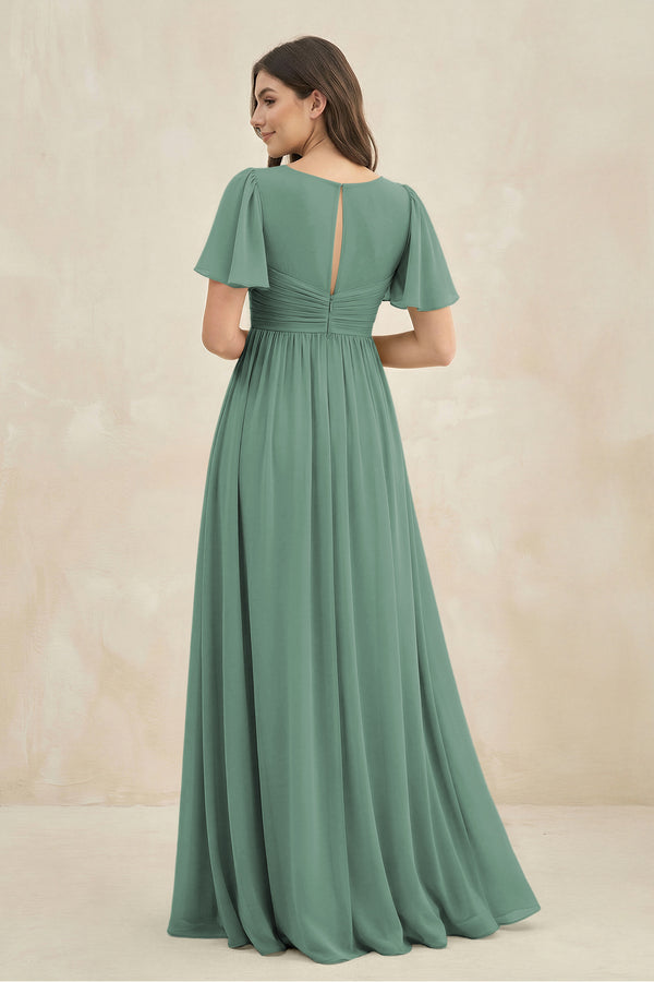 Sea Glass Short Sleeve Chiffon V-Neck A-Line Bridesmaid Dress (2) | KISSBRIDAL