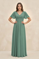 Sea Glass Short Sleeve Chiffon V-Neck A-Line Bridesmaid Dress | KISSBRIDAL