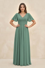 Sea Glass Short Sleeve Chiffon V-Neck A-Line Bridesmaid Dress | KISSBRIDAL