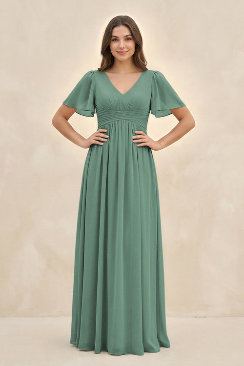 Sea Glass Short Sleeve Chiffon V-Neck A-Line Bridesmaid Dress | KISSBRIDAL