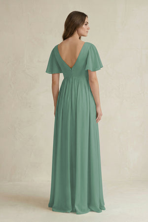 Sea Glass Short Sleeve V-Neck A-Line Chiffon Bridesmaid Dress (2) | KISSBRIDAL