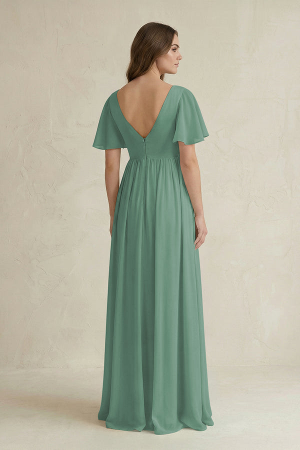 Sea Glass Short Sleeve V-Neck A-Line Chiffon Bridesmaid Dress (2) | KISSBRIDAL