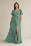 Sea Glass Short Sleeve V-Neck A-Line Chiffon Bridesmaid Dress | KISSBRIDAL