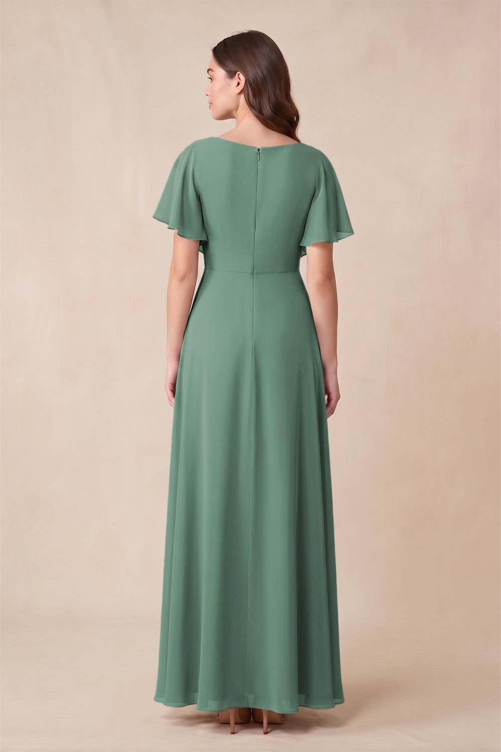 Short Sleeves Bateau A-Line Chiffon Bridesmaid Dress in Sea Glass