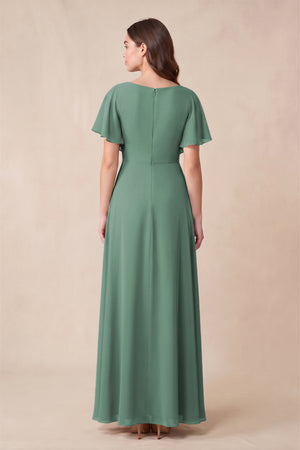 Sea Glass Short Sleeves Bateau A-Line Chiffon Bridesmaid Dress (2) | KISSBRIDAL
