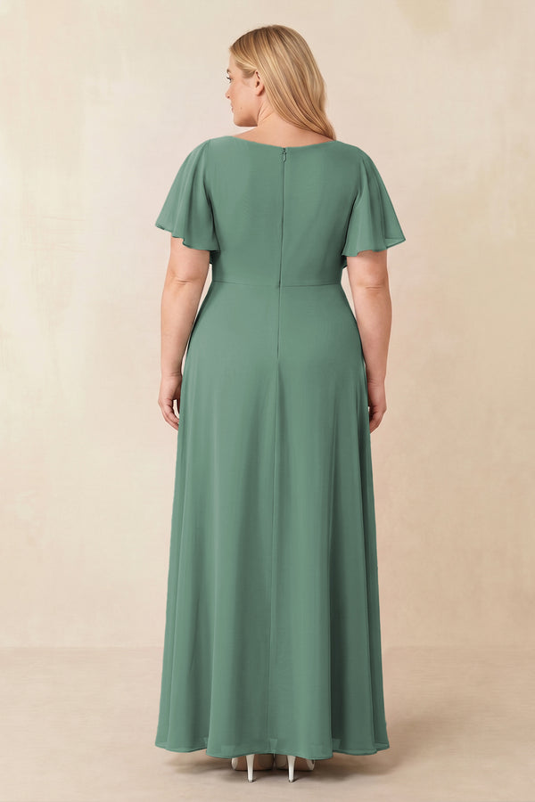 Sea Glass Short Sleeves Bateau A-Line Chiffon Bridesmaid Dress (2) [sizeplus] | KISSBRIDAL