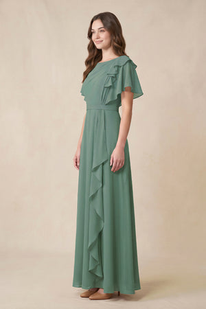 Sea Glass Short Sleeves Bateau A-Line Chiffon Bridesmaid Dress (3) | KISSBRIDAL