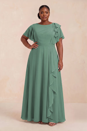 Sea Glass Short Sleeves Bateau A-Line Chiffon Bridesmaid Dress (3) [sizeplus] | KISSBRIDAL