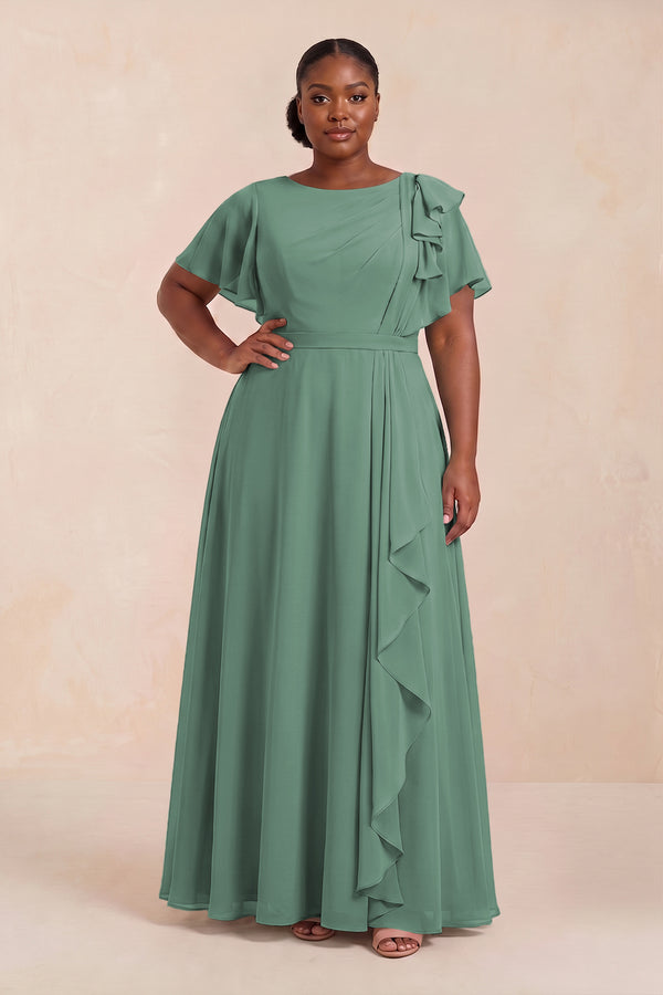 Sea Glass Short Sleeves Bateau A-Line Chiffon Bridesmaid Dress (3) [sizeplus] | KISSBRIDAL