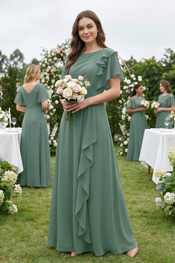 Sea Glass Short Sleeves Bateau A-Line Chiffon Bridesmaid Dress (4) | KISSBRIDAL