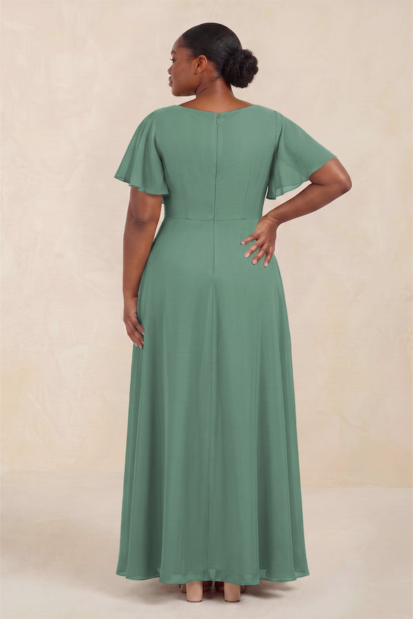 Sea Glass Short Sleeves Bateau A-Line Chiffon Bridesmaid Dress (4) [sizeplus] | KISSBRIDAL