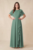 Sea Glass Short Sleeves Bateau A-Line Chiffon Bridesmaid Dress | KISSBRIDAL