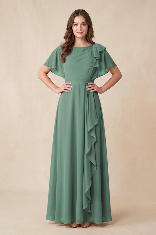 Sea Glass Short Sleeves Bateau A-Line Chiffon Bridesmaid Dress | KISSBRIDAL