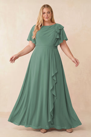 Sea Glass Short Sleeves Bateau A-Line Chiffon Bridesmaid Dress [sizeplus] | KISSBRIDAL