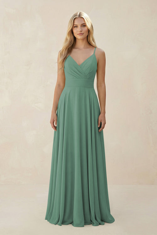 Sea Glass Spaghetti Strap A-Line Chiffon Bridesmaid Dress | KISSBRIDAL