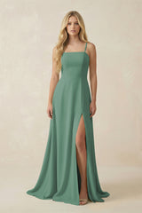 Sea Glass Spaghetti Strap Chiffon A-Line Bridesmaid Dress | KISSBRIDAL