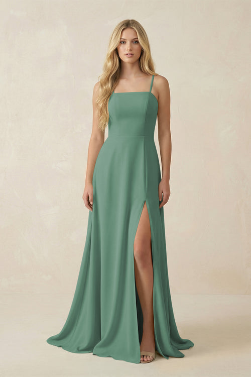 Sea Glass Spaghetti Strap Chiffon A-Line Bridesmaid Dress | KISSBRIDAL