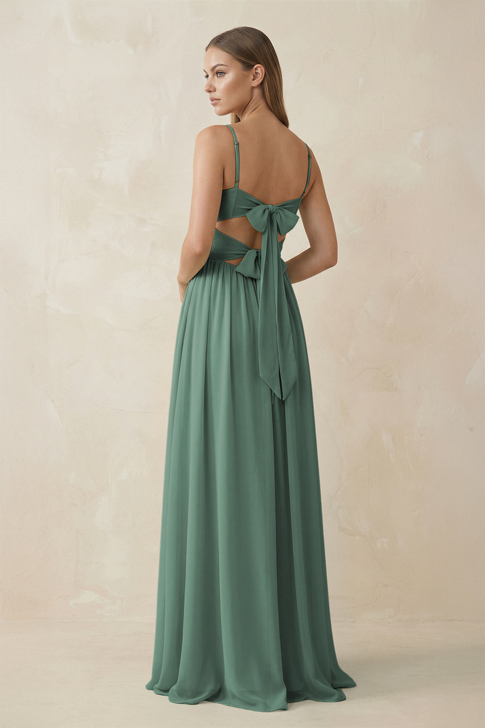 Spaghetti Strap Pleated A-Line Chiffon Bridesmaid Dress in Sea Glass