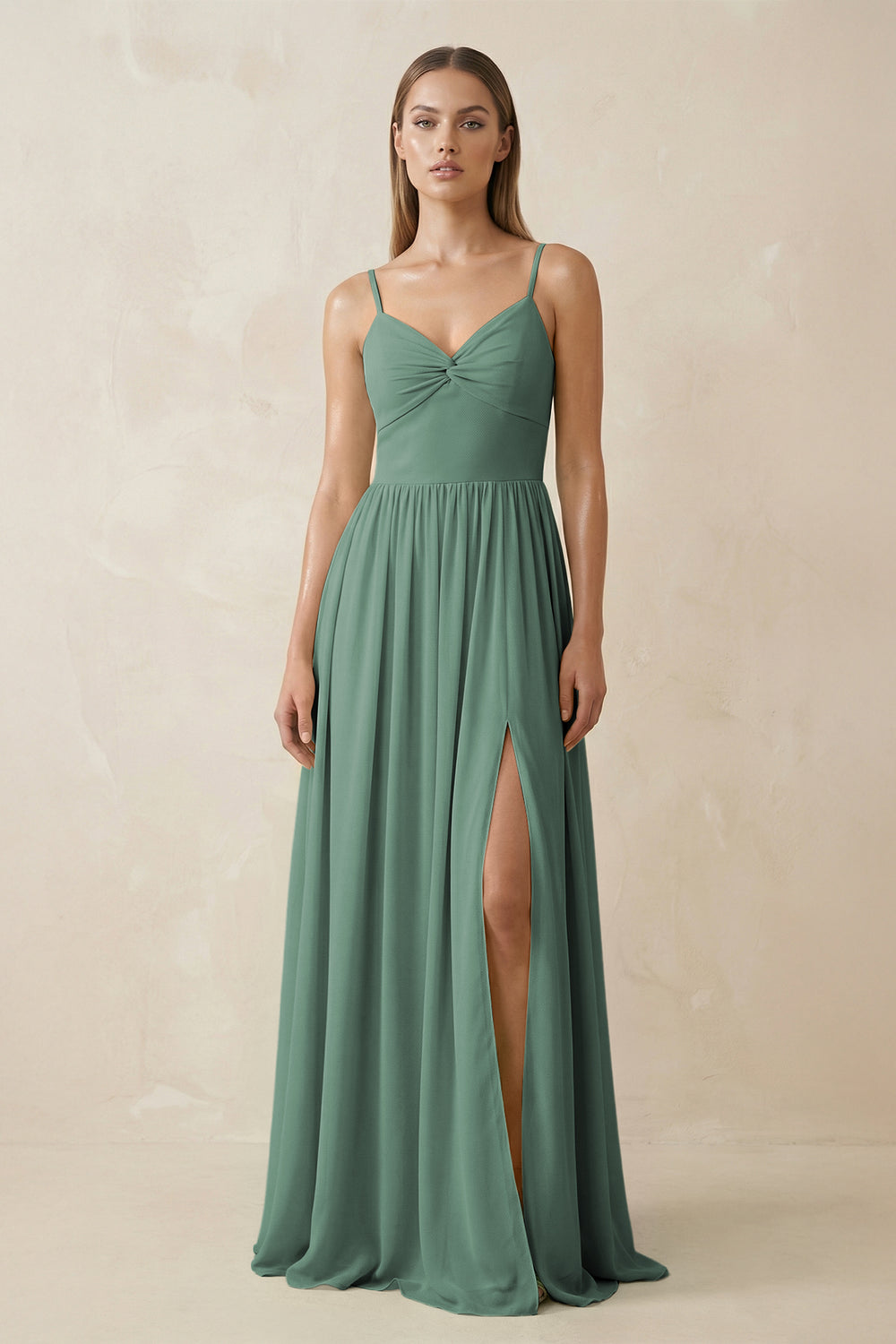 Spaghetti Strap Pleated A-Line Chiffon Bridesmaid Dress in Sea Glass